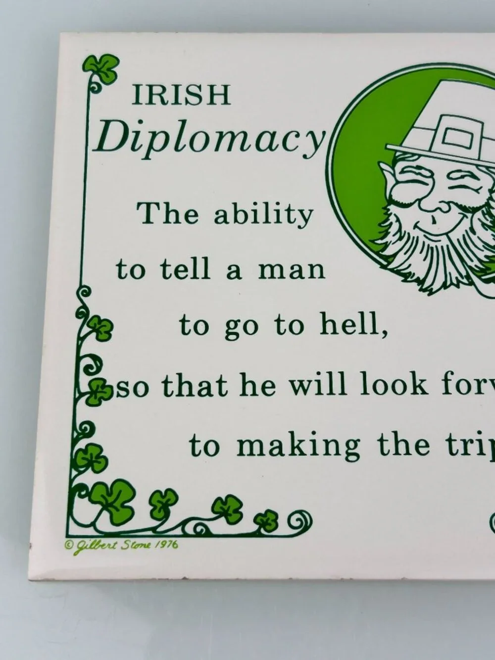 Vintage Gilbert Stone Irish Diplomacy Humor Quote Wall Tile Art Leprechaun READ